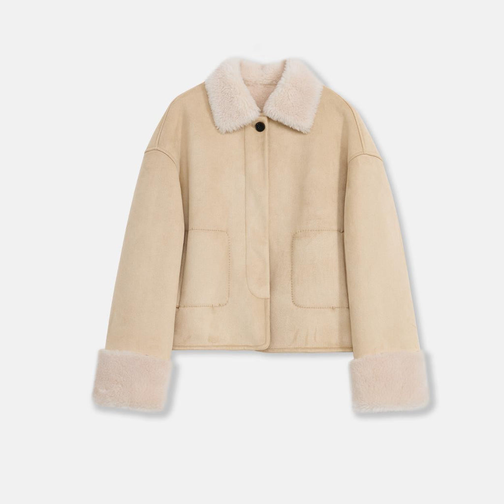 Slightly Sweet Latte Furry Lapel Wool Artificial Compound Suede Casual Straight Shearling Jacket