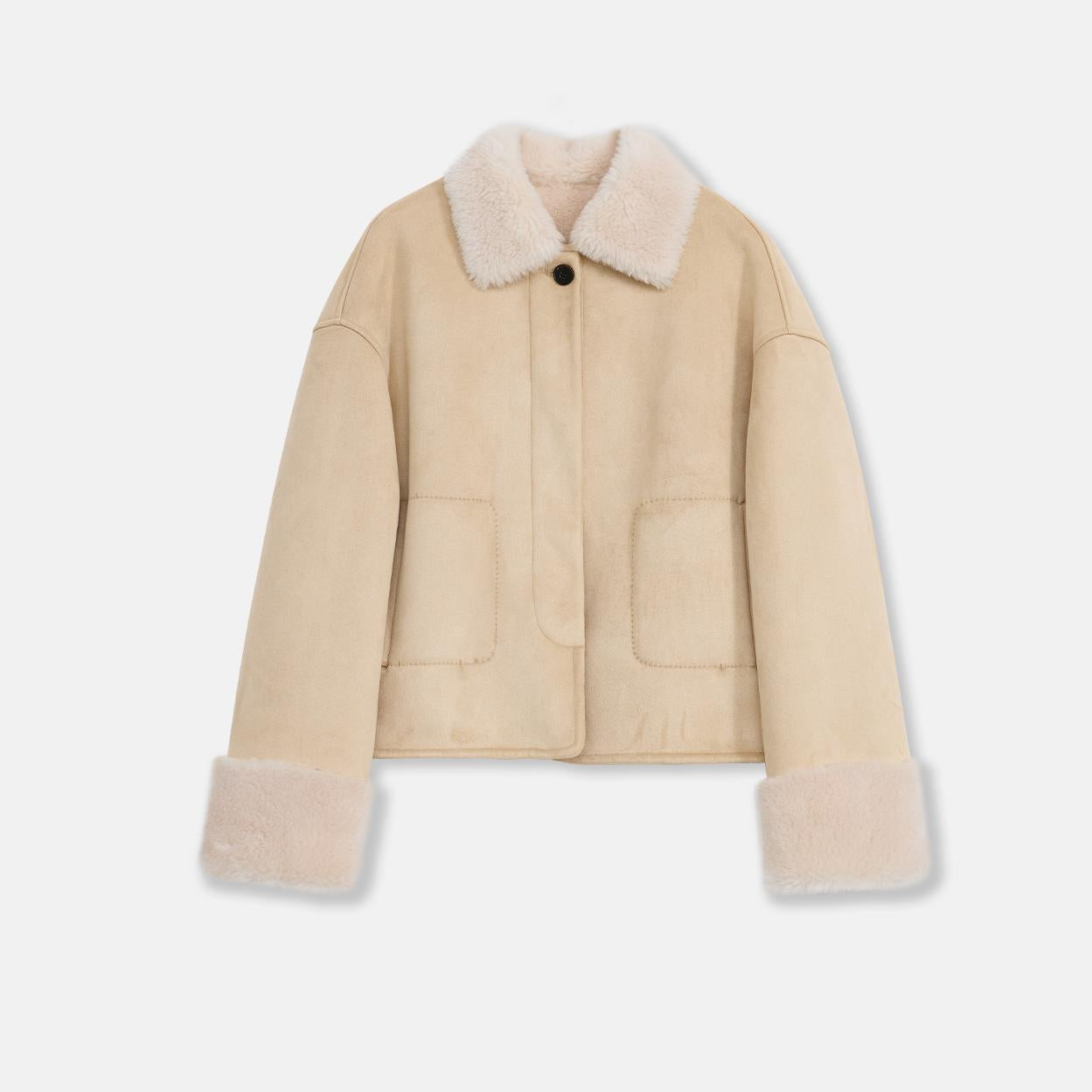 Slightly Sweet Latte Furry Lapel Wool Artificial Compound Suede Casual Straight Shearling Jacket