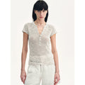 Minimalist Light Gap Cotton and Linen Blend Sequined Henley Neck Short Sleeve T-Shirt