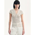 Minimalist Light Gap Cotton and Linen Blend Sequined Henley Neck Short Sleeve T-Shirt