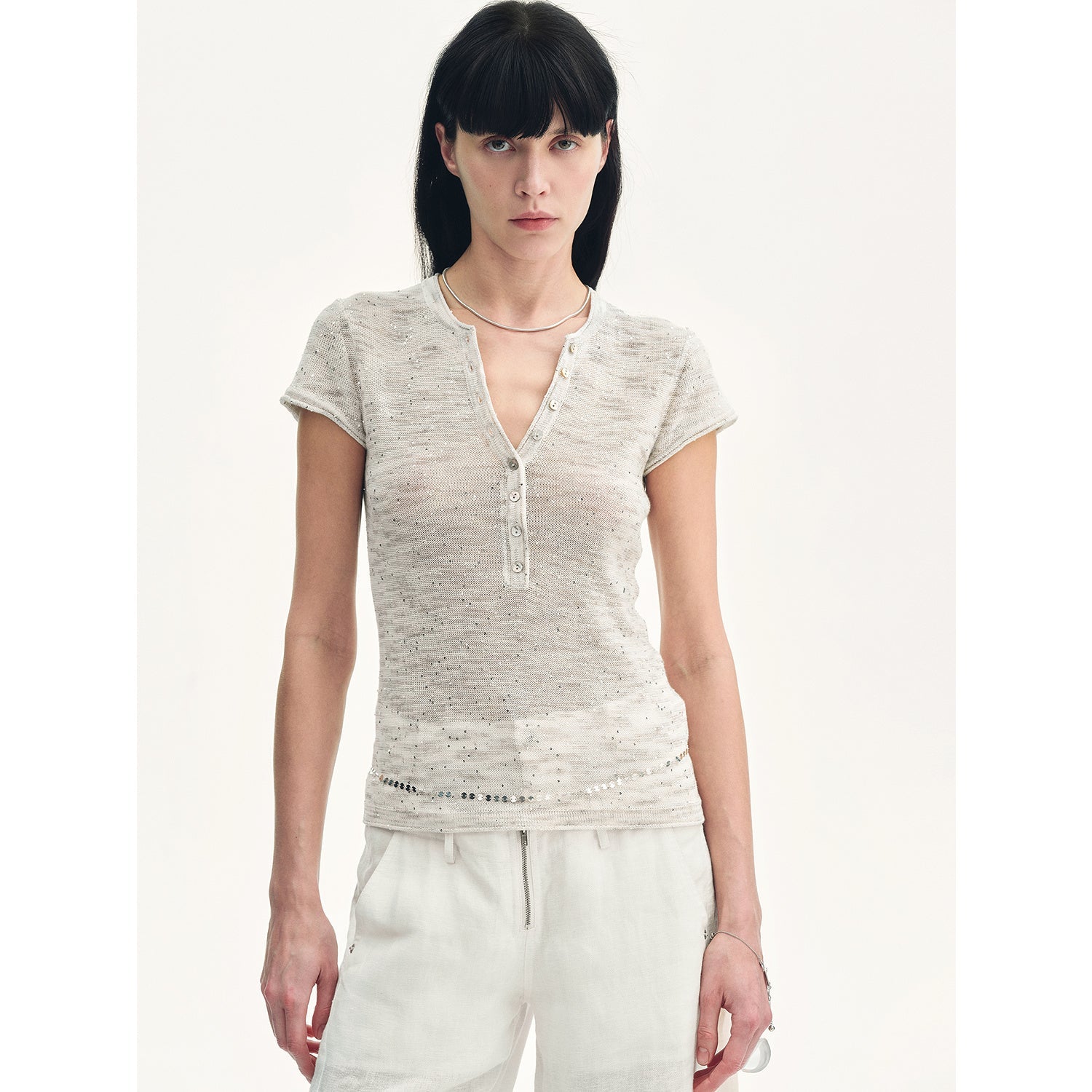 Minimalist Light Gap Cotton and Linen Blend Sequined Henley Neck Short Sleeve T-Shirt
