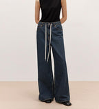 Retro Blues fashionable high waist pleated design washed casual wide leg jeans for women