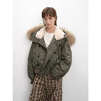 Cool and Sharp, fashionable casual design, warm short style, large hood, raccoon fur collar style jacket