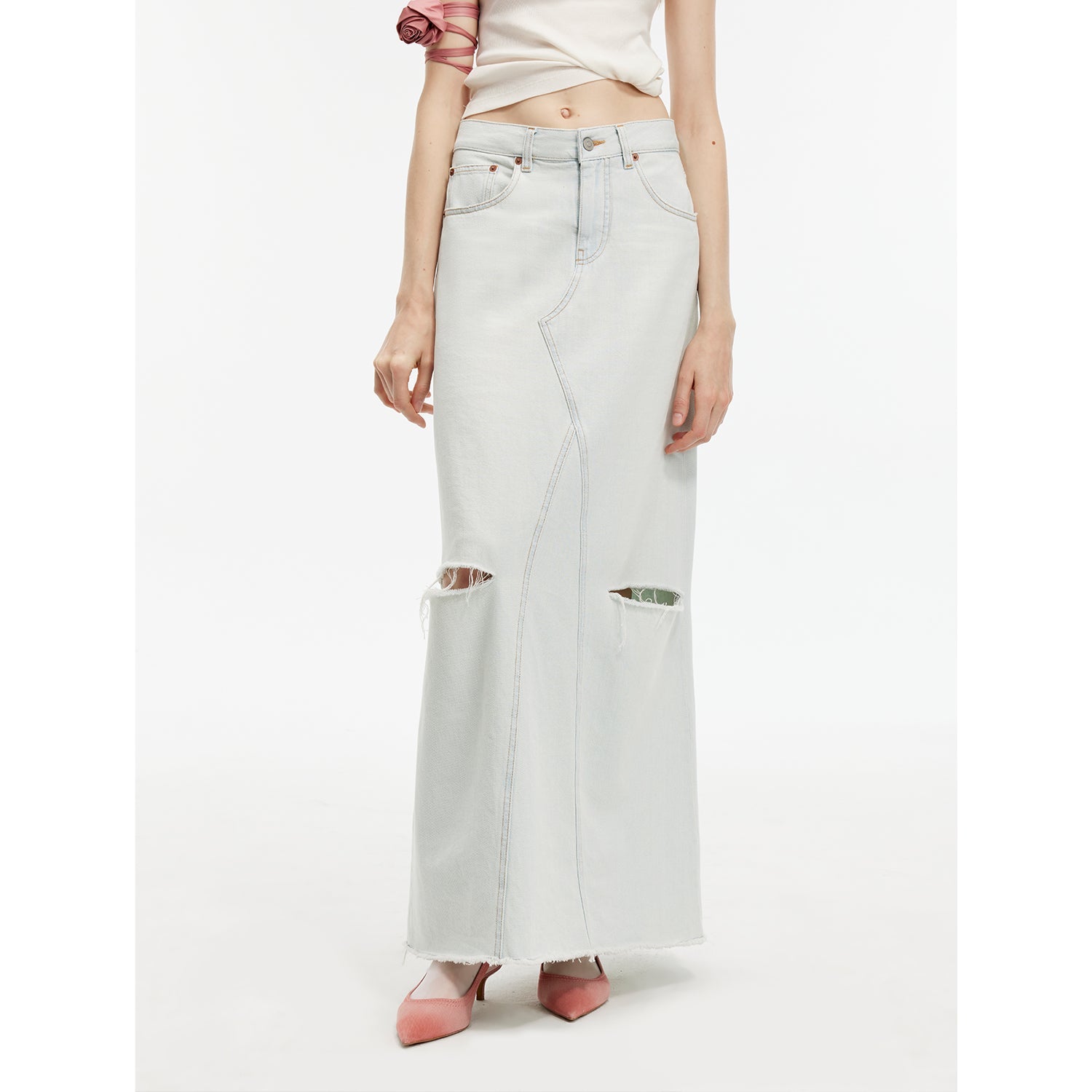 Walden Pond Turkish Imported Wash-faded Distressed Hole Denim A-line Skirt