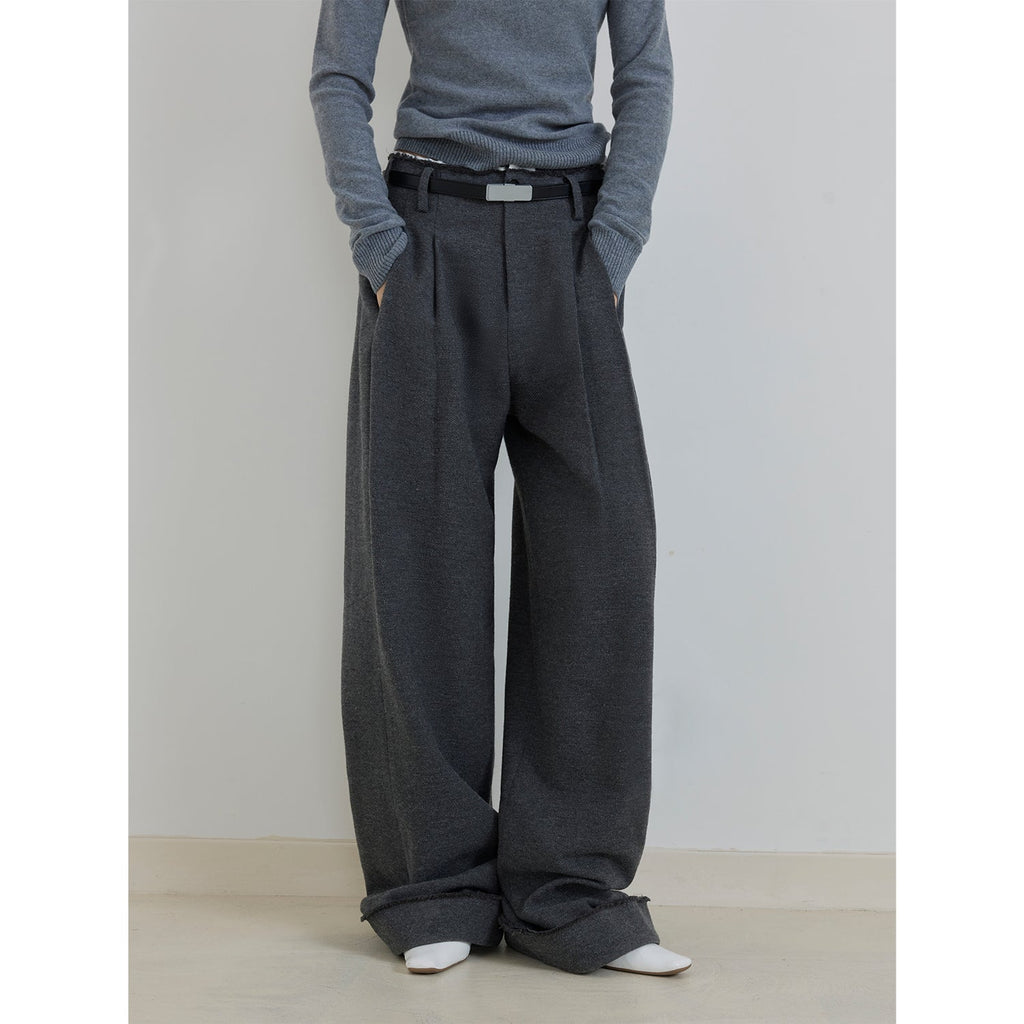 Commuting Rules Worsted Wool Blend Waistless Raw Edge Wide Leg Pants Slimming Scimitar Casual Pants
