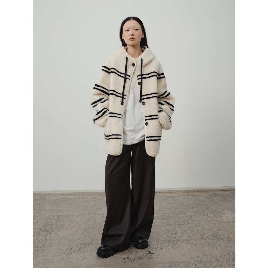 Snowy New Year Merino Sheepskin Lamb Wool Striped Jacket