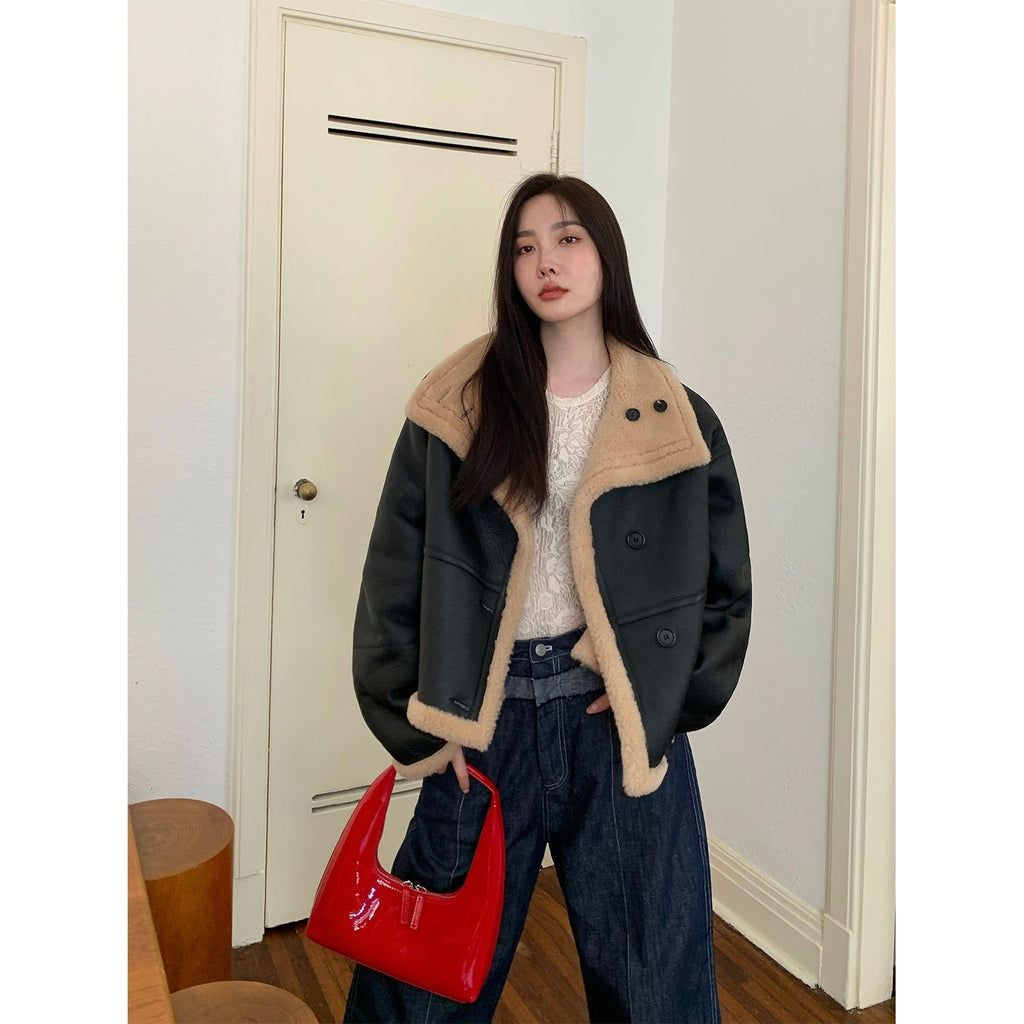 Corner Coffee Merino wool sheepskin stand-up collar motorcycle reversible young fur coat for women