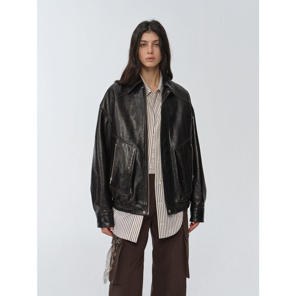 New York International Student Retro and fashionable imported waxed  leather bomber jacket