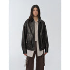New York International Student Retro and fashionable imported waxed  leather bomber jacket