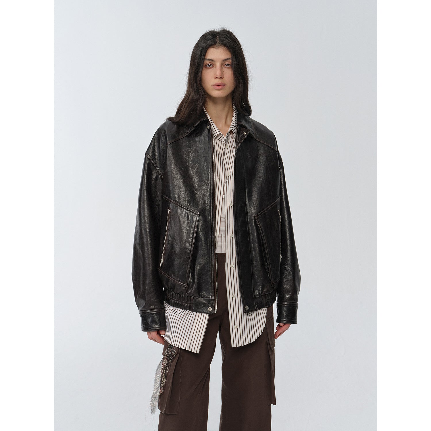 New York International Student Retro and fashionable imported waxed  leather bomber jacket