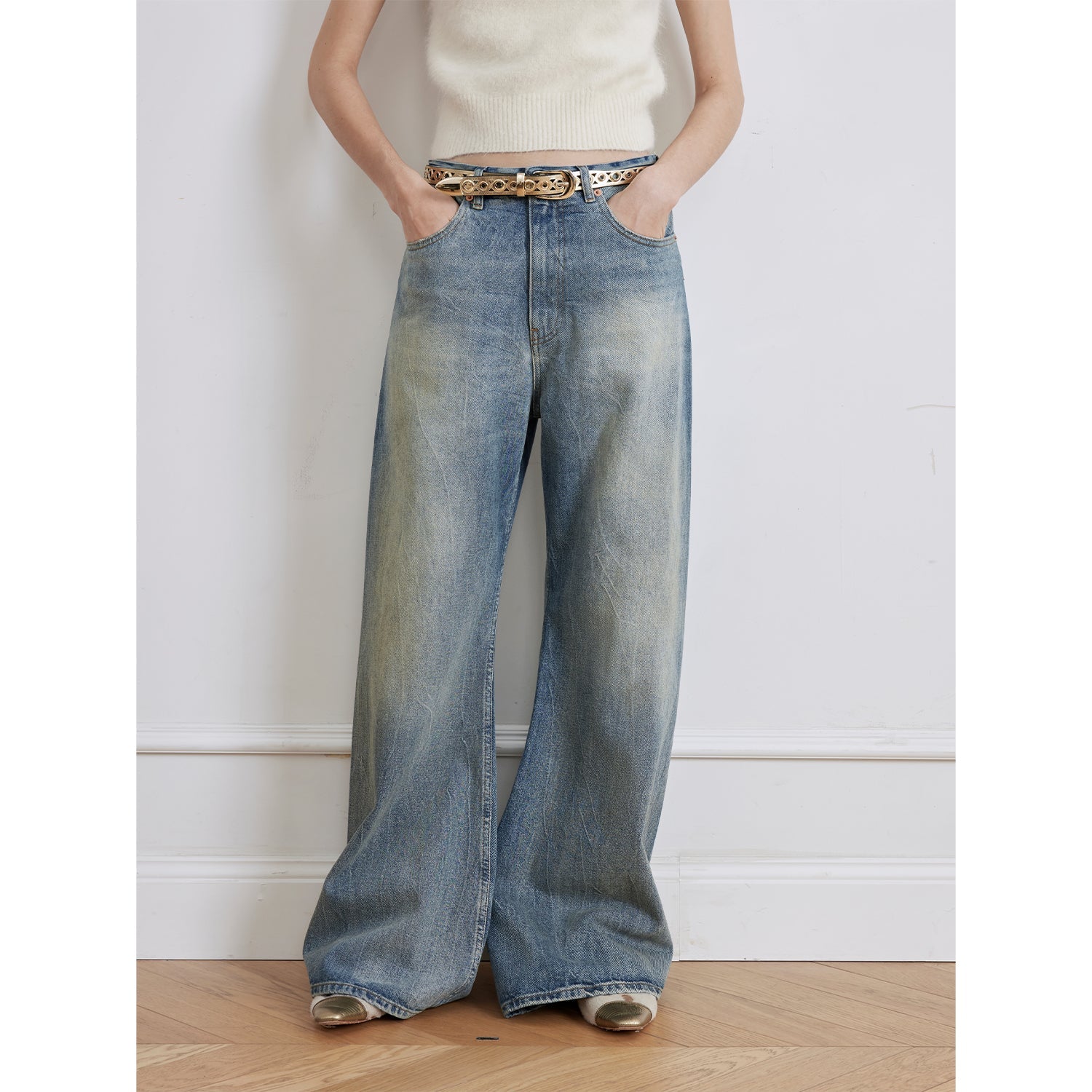 Magic Dream Retro Modern Washed Chicken Claw Wrinkled Jeans Women's Spacious Straight Wide Leg Pants