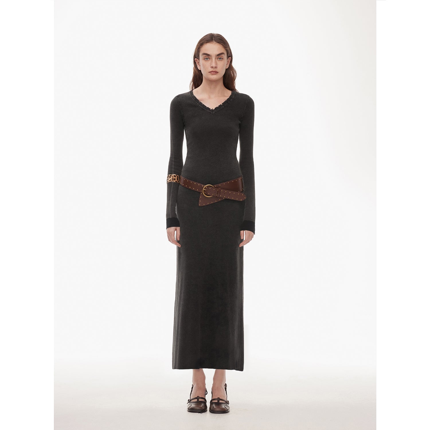Kalle Morning fashionable fermented washed distressed raw edge V-neck waist dress for women