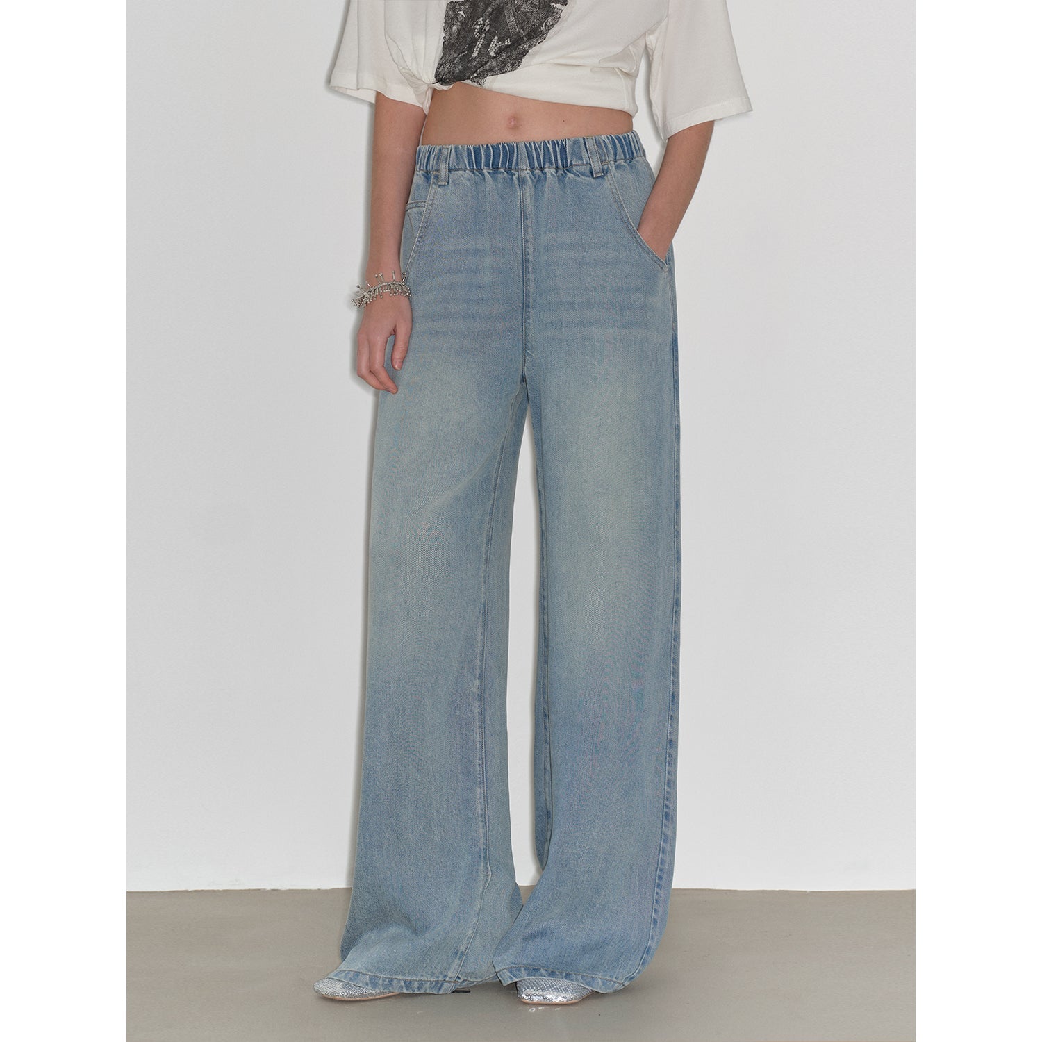 Dream Street Cool Lyocell Denim Drape Relaxed Elastic Waist Straight Leg Wide Leg Pants Summer