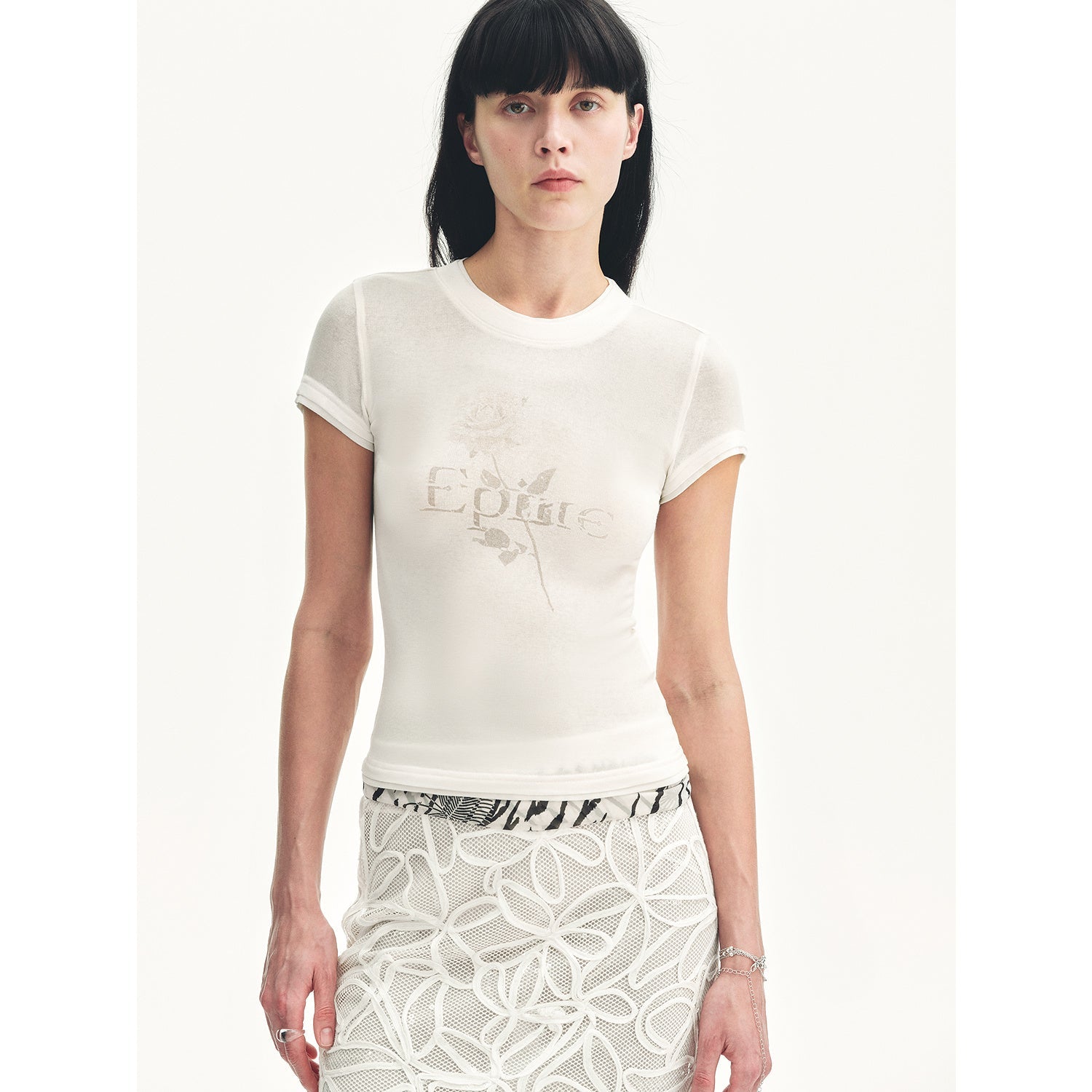 Memory Navigation Tencel acetate fake two-piece slim fit straight shoulder T-shirt