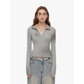 Artistic Abstract sfumato distressed printed merino wool waisted polo collar long sleeve short knit sweater