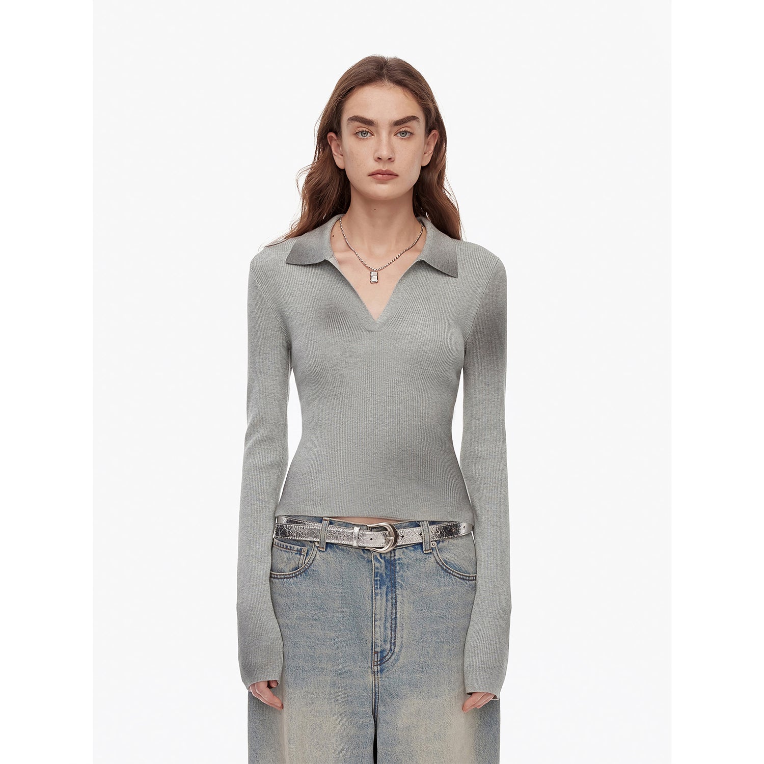 Artistic Abstract sfumato distressed printed merino wool waisted polo collar long sleeve short knit sweater