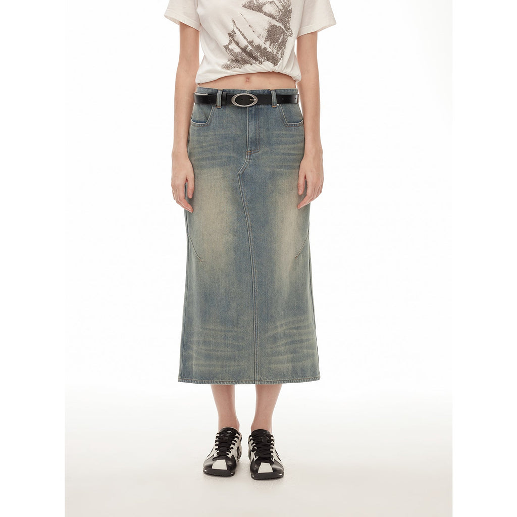 Dawn Denim retro old enzyme washed mid-low waist slim fishtail flared slim denim skirt