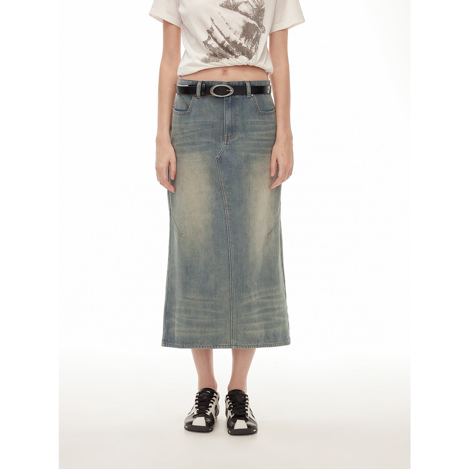 Dawn Denim retro old enzyme washed mid-low waist slim fishtail flared slim denim skirt