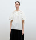 Iceland Diary neckline pleated design round neck tie puff sleeve short sleeve shirt for women