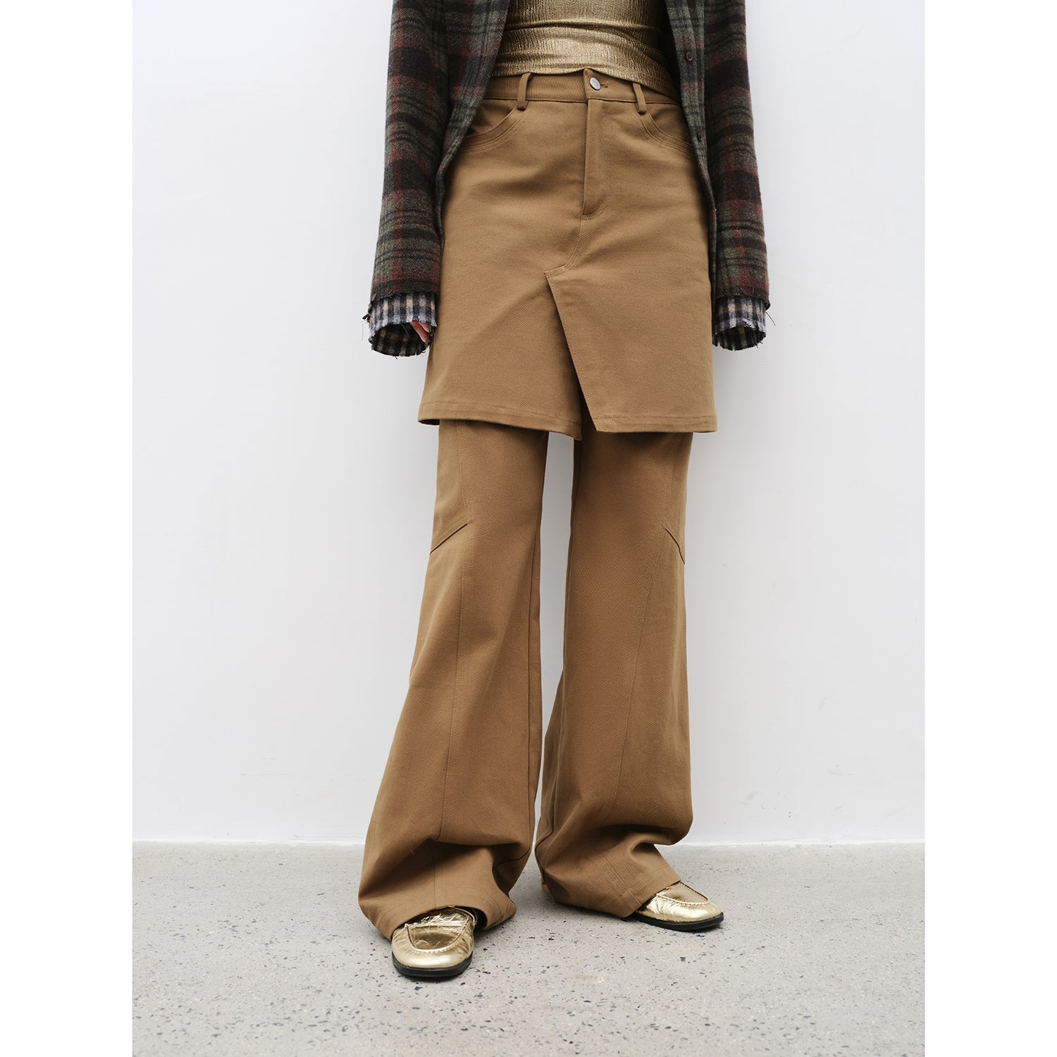 Culotte Declaration Retro split design fake two-piece twill brushed slightly flared slim jeans