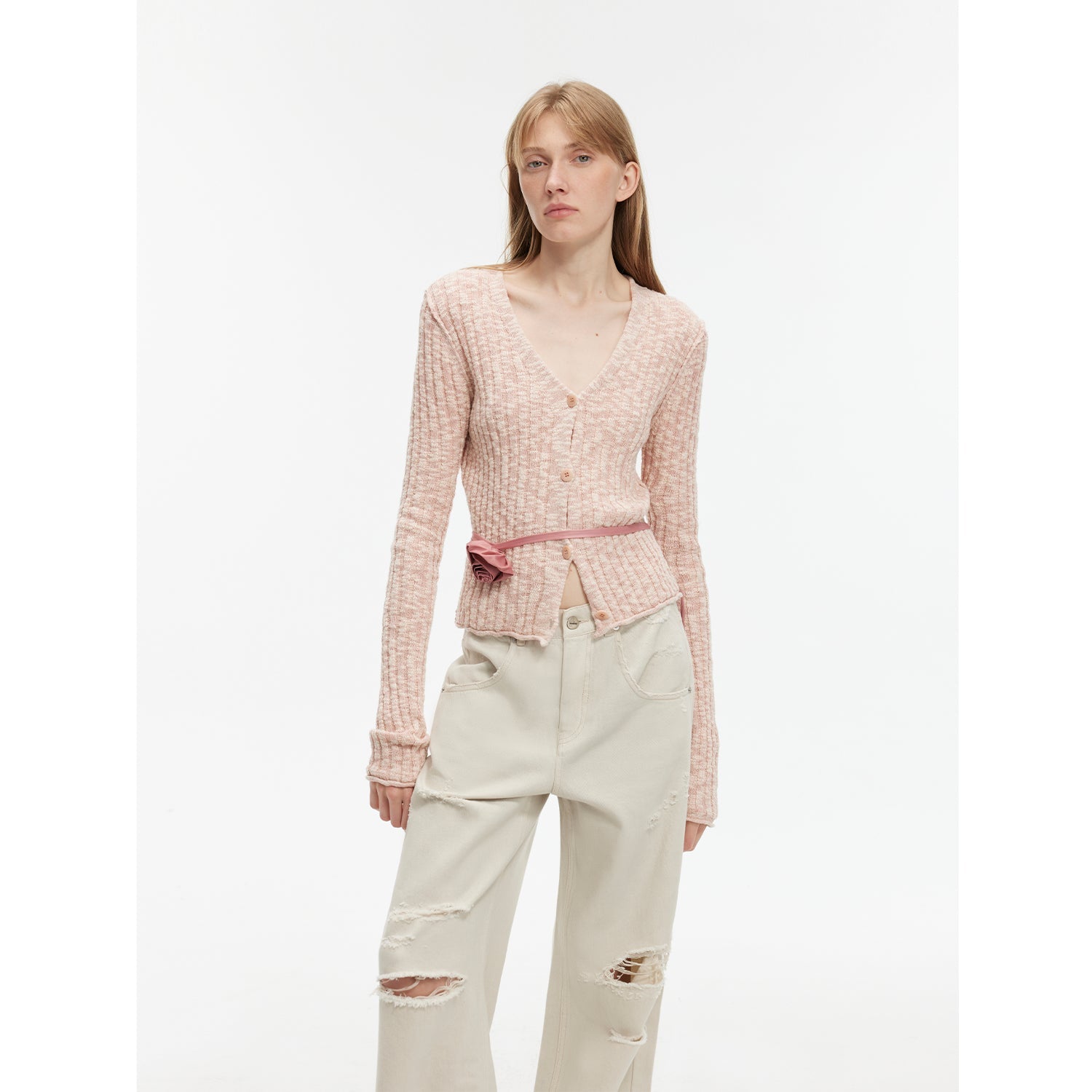 Spring Grass Single luxury brand same version cotton linen yarn V-neck slim pit short knitted cardigan
