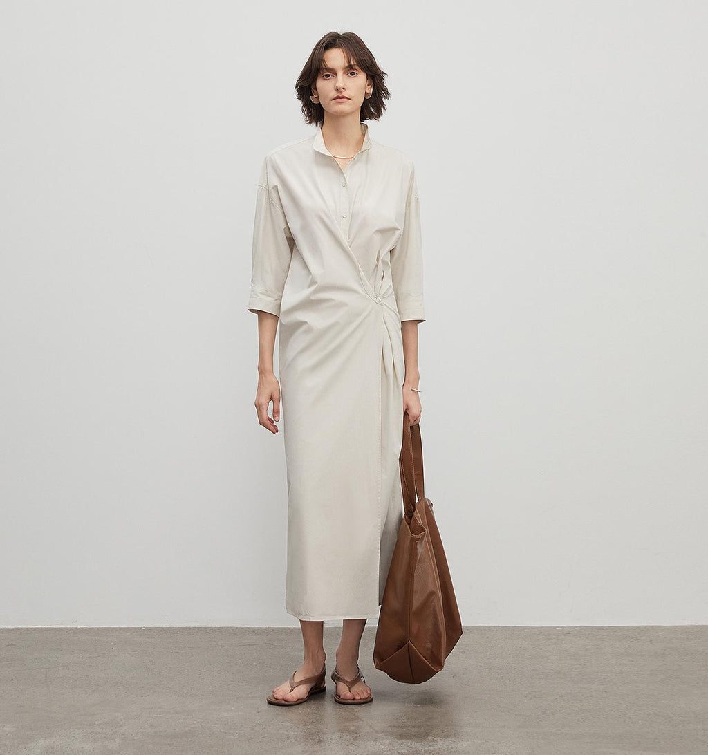 Origami Narrative Stand Collar Wrap Dress Women's Mid Sleeve Shirt Dress Long Dress