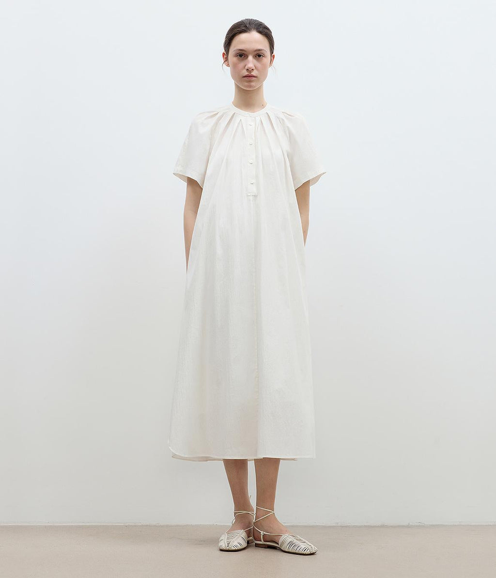 First Love Island Cotton Stand Collar Pleated Short Sleeve Shirt Dress for Women