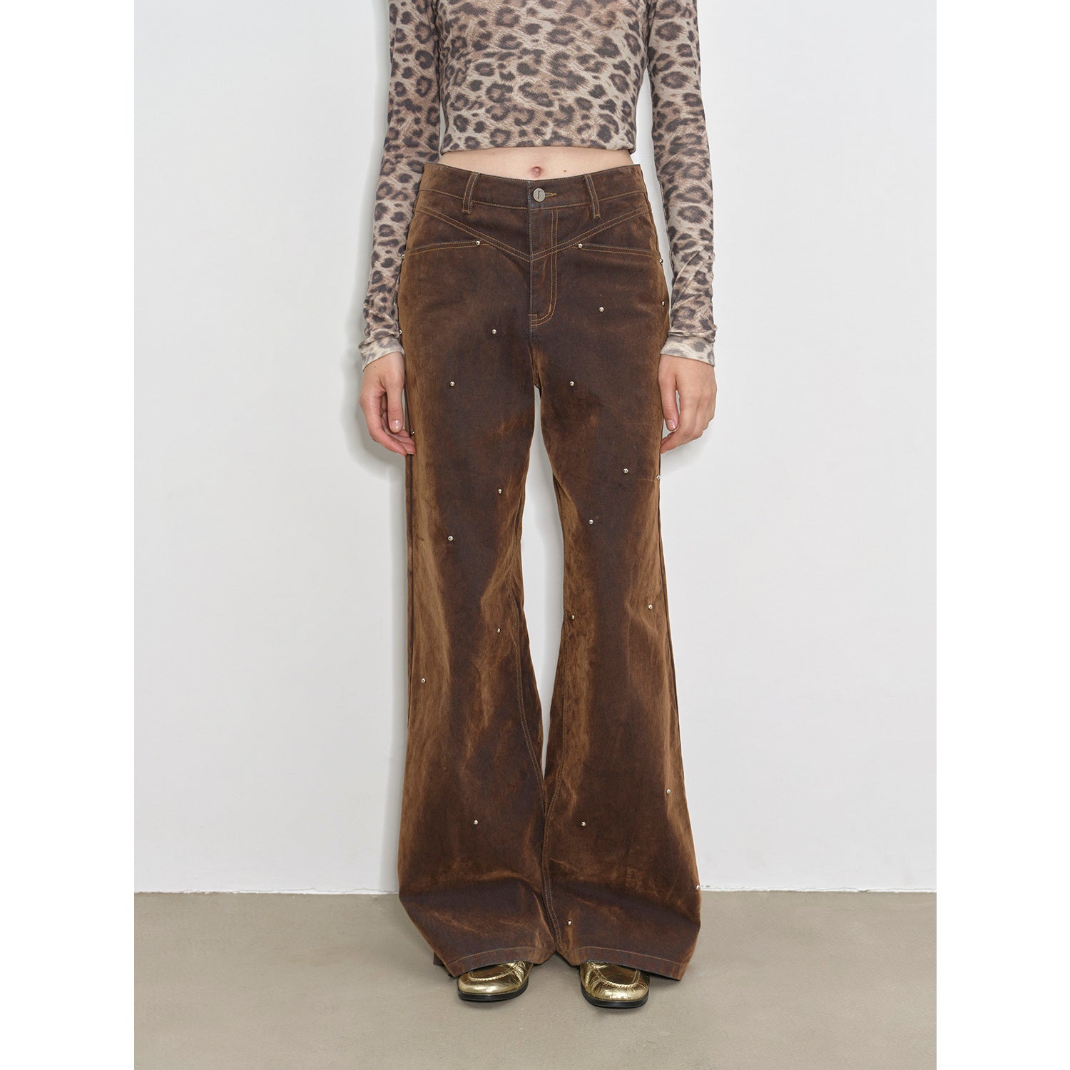 Black Coffee Fashionable Retro Casual Flocked Rivets Soft Layered Mid-Low Rise Jeans