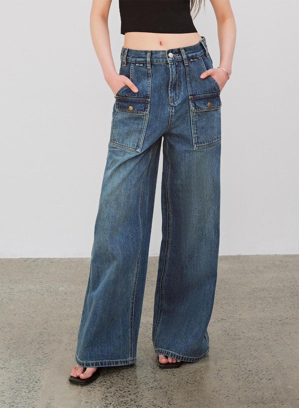 Silent Deep SeaWashed Vintage Blue Straight-leg Workwear Jeans for Women, Loose Wide-leg High-waisted Pants