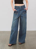 Silent Deep SeaWashed Vintage Blue Straight-leg Workwear Jeans for Women, Loose Wide-leg High-waisted Pants