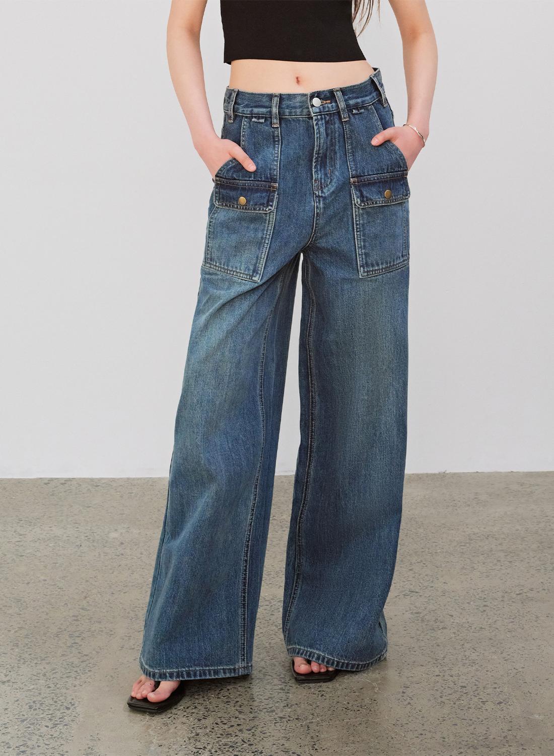 Silent Deep SeaWashed Vintage Blue Straight-leg Workwear Jeans for Women, Loose Wide-leg High-waisted Pants