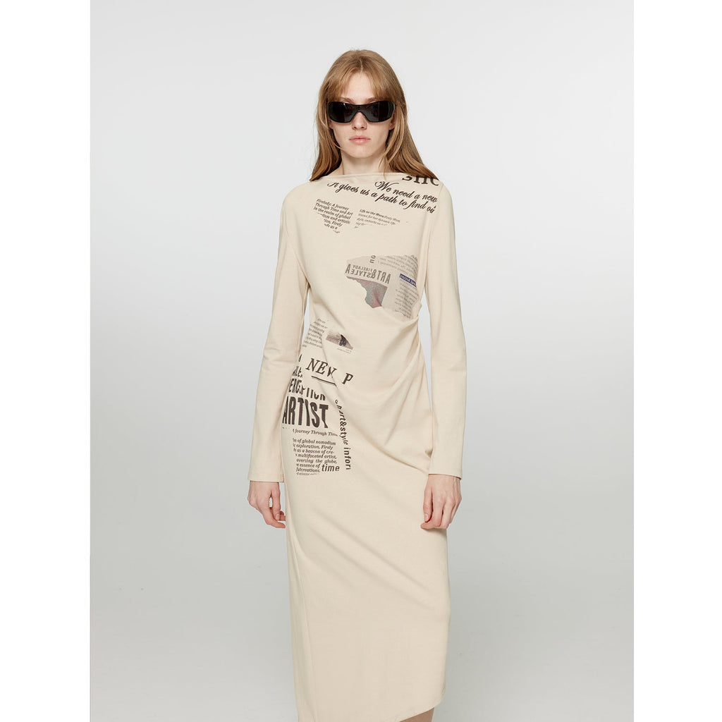 Style in the City Original Printed One-shoulder Bias-cut Dress Women's Pleated Waist Slimming Long Dress Spring