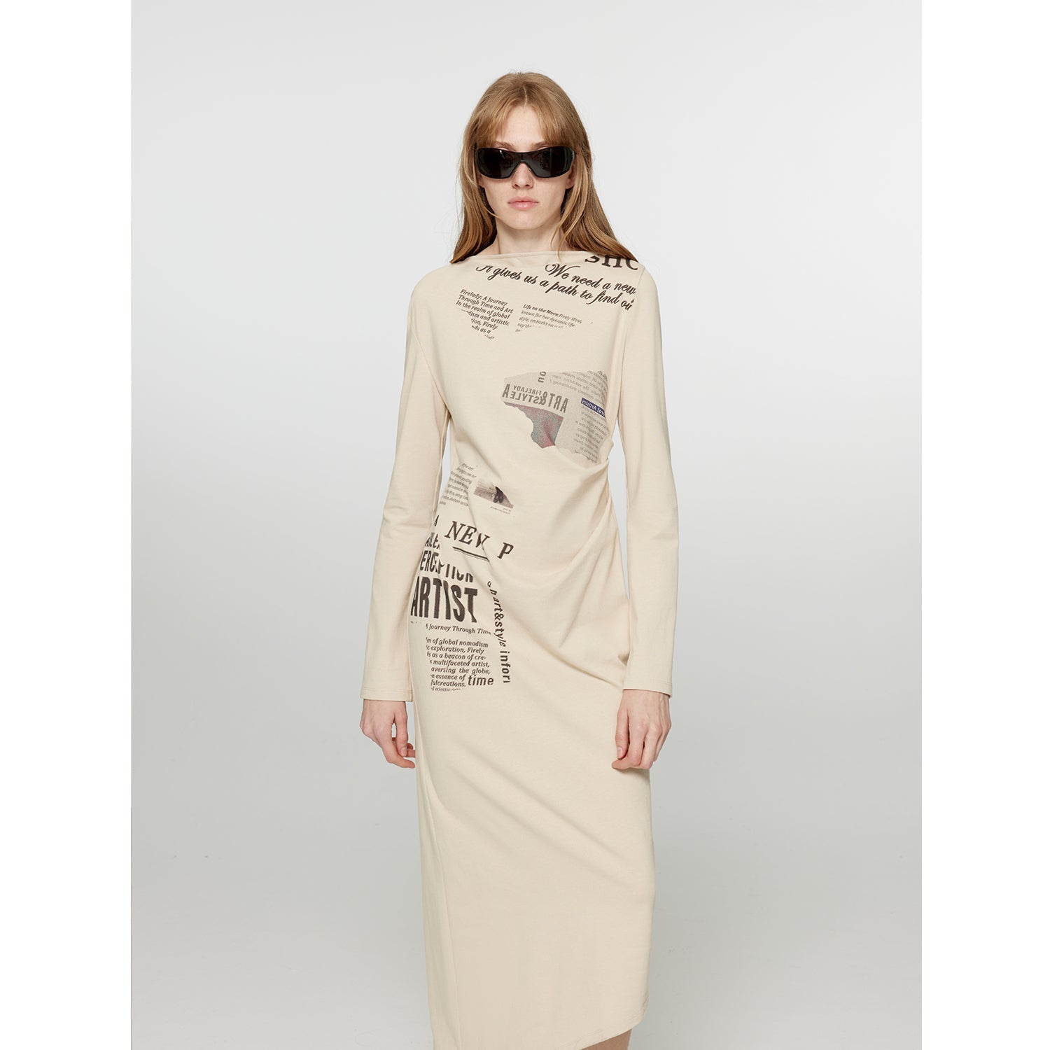 Style in the City Original Printed One-shoulder Bias-cut Dress Women's Pleated Waist Slimming Long Dress Spring