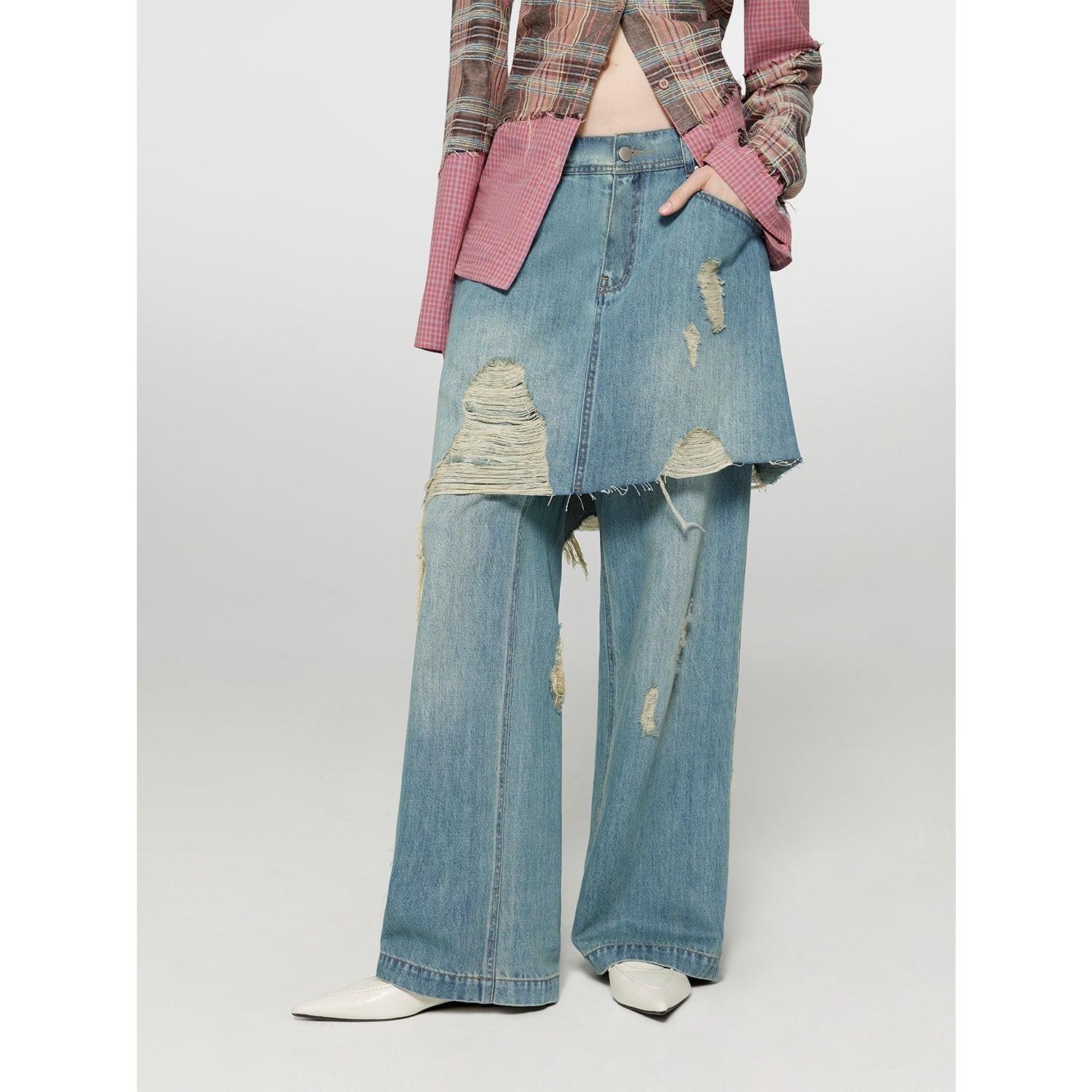 Fashionable Sniper Tencel blended fake two-piece stitching jeans women's ripped raw edge straight wide-leg pants