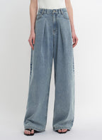 Soft Tencel Cotton Light Structure Pleated Loose Straight Wide Leg Jeans for Women