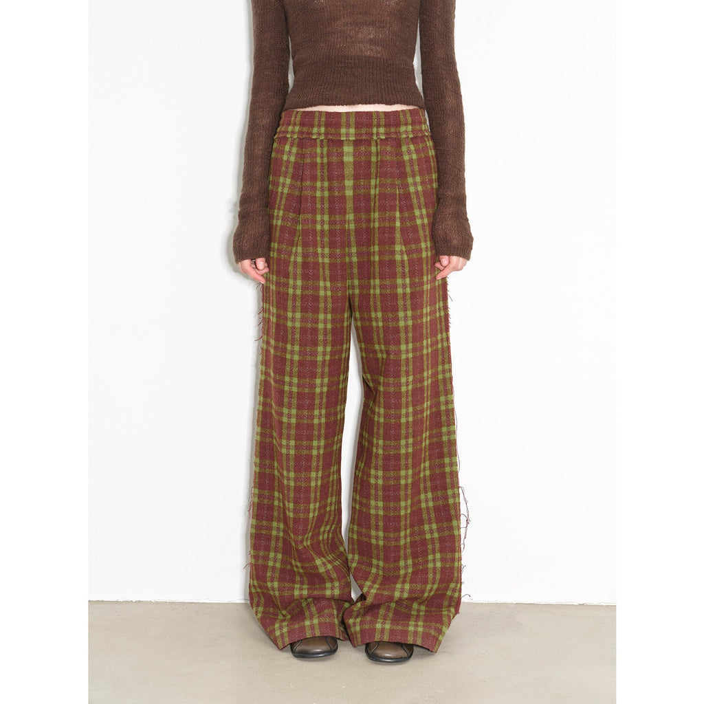 Vintage Opportunity High-Proportion Merino Wool Single Pleated Plaid Tweed Low-Rise Wide-Leg Casual Pants