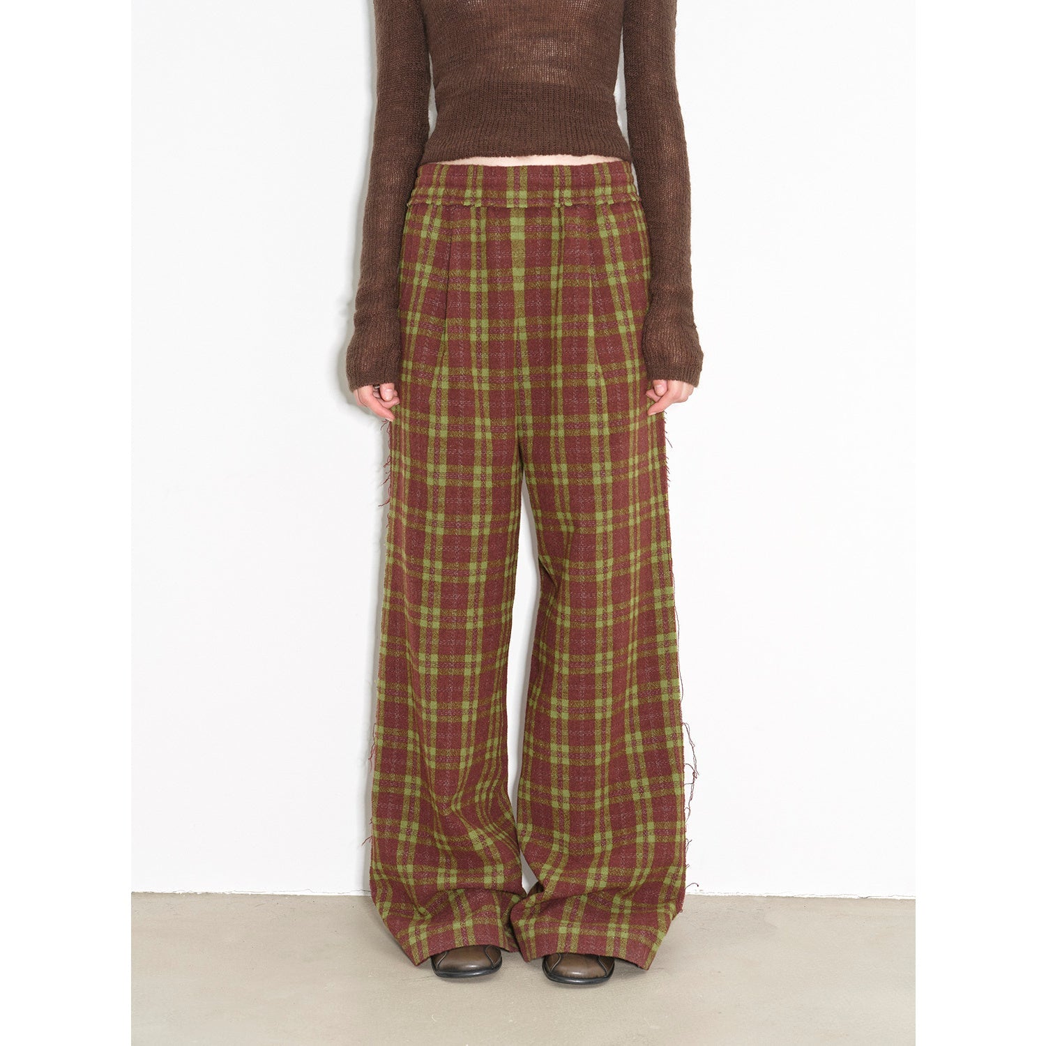 Vintage Opportunity High-Proportion Merino Wool Single Pleated Plaid Tweed Low-Rise Wide-Leg Casual Pants