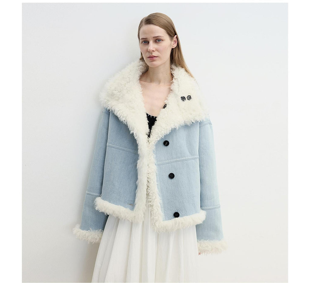 Mint GlacierFlip Collar Reversible Shearling Denim Wool Jacket