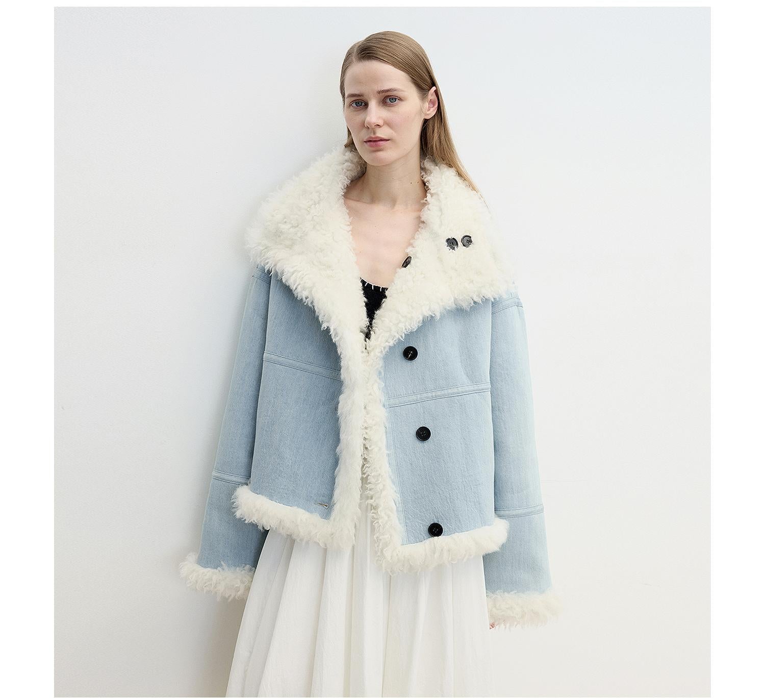 Mint GlacierFlip Collar Reversible Shearling Denim Wool Jacket