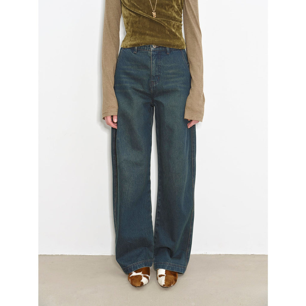Blue Island heavy-duty distressed, slim and durable mid-rise curved knife cotton washed jeans