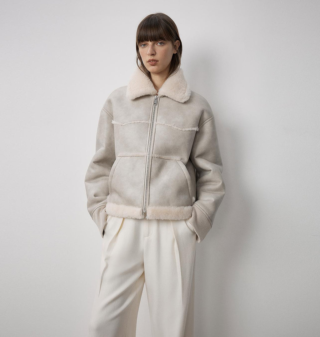 Makino's Fun Lapel Wool Artificial Compound Leather Short Style Shearling Jacket