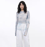 Smudge-printed mesh slightly see-through long-sleeved T-shirt for women