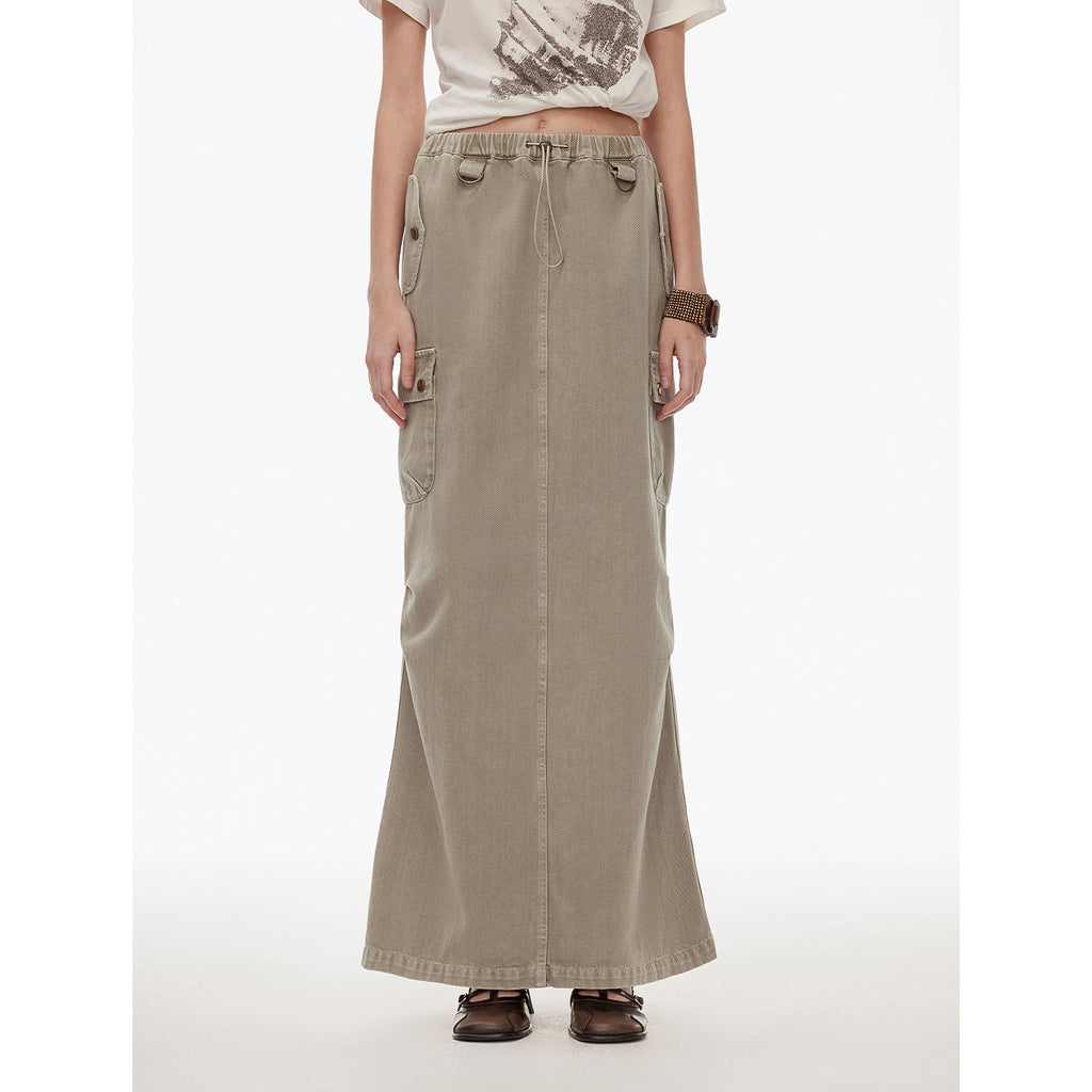 Dune Fantasy Wasteland Style Washed Drawstring Elastic Low Rise Straight Workwear Denim Skirt