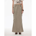 Dune Fantasy Wasteland Style Washed Drawstring Elastic Low Rise Straight Workwear Denim Skirt