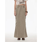 Dune Fantasy Wasteland Style Washed Drawstring Elastic Low Rise Straight Workwear Denim Skirt