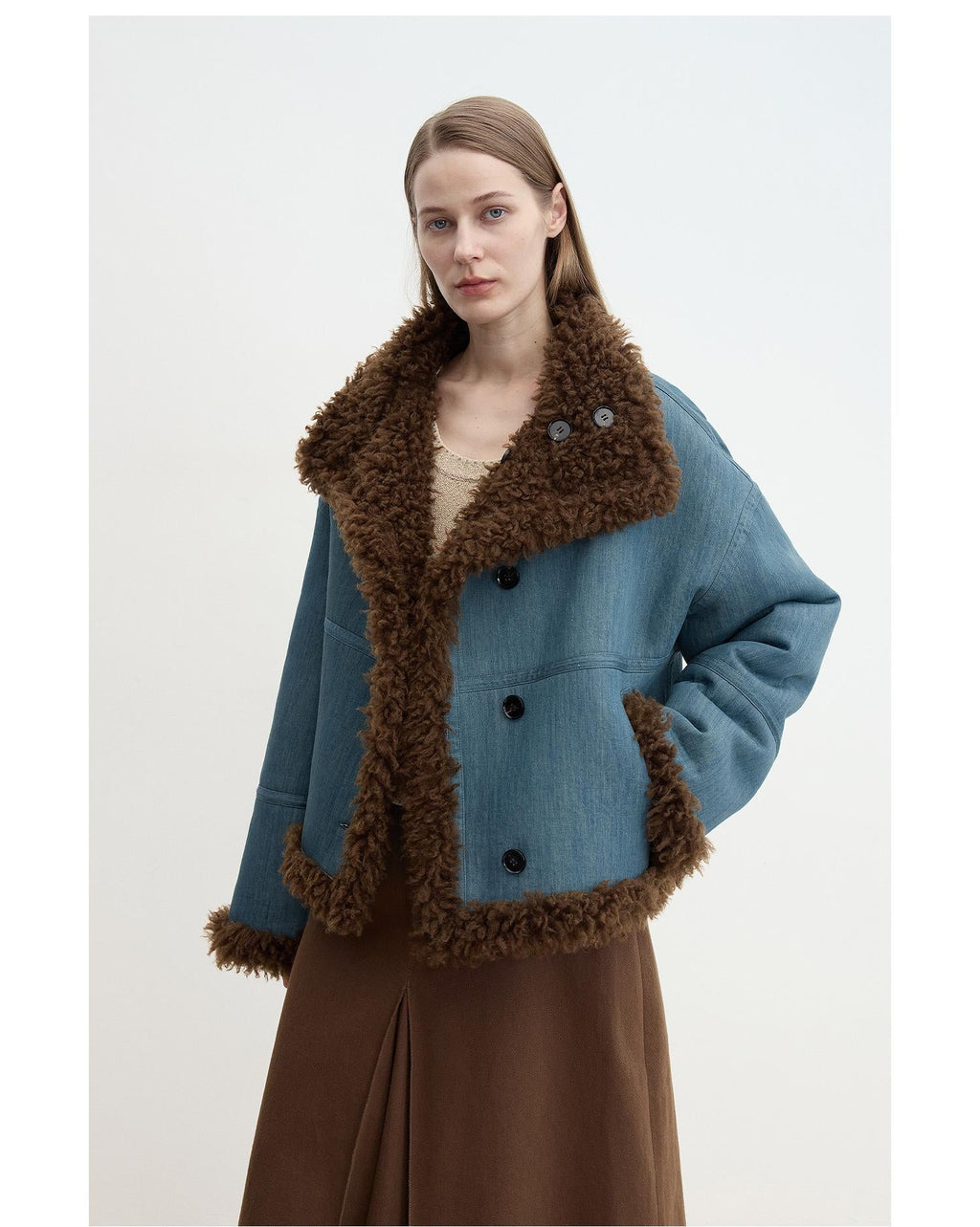 Mint GlacierFlip Collar Reversible Shearling Denim Wool Jacket