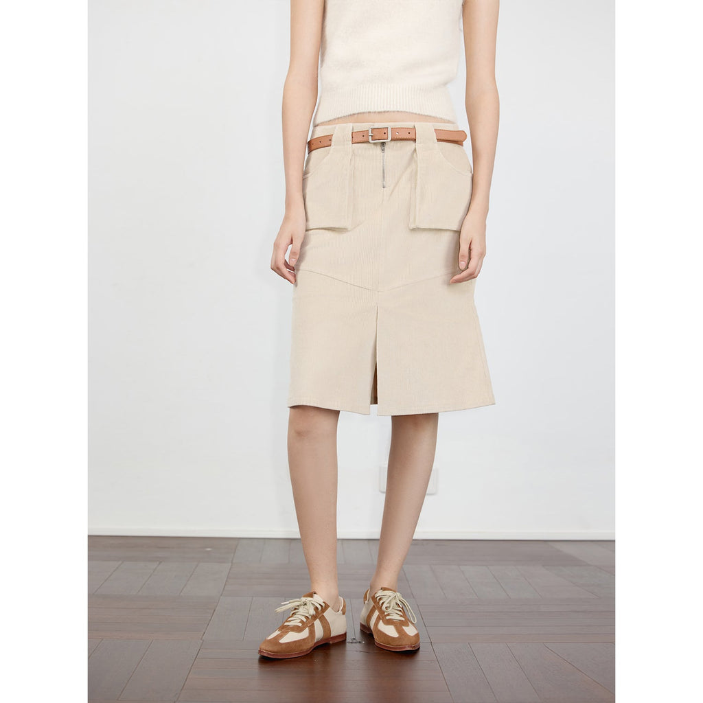 Postcard Memory Retro corduroy design front slit workwear fishtail skirt