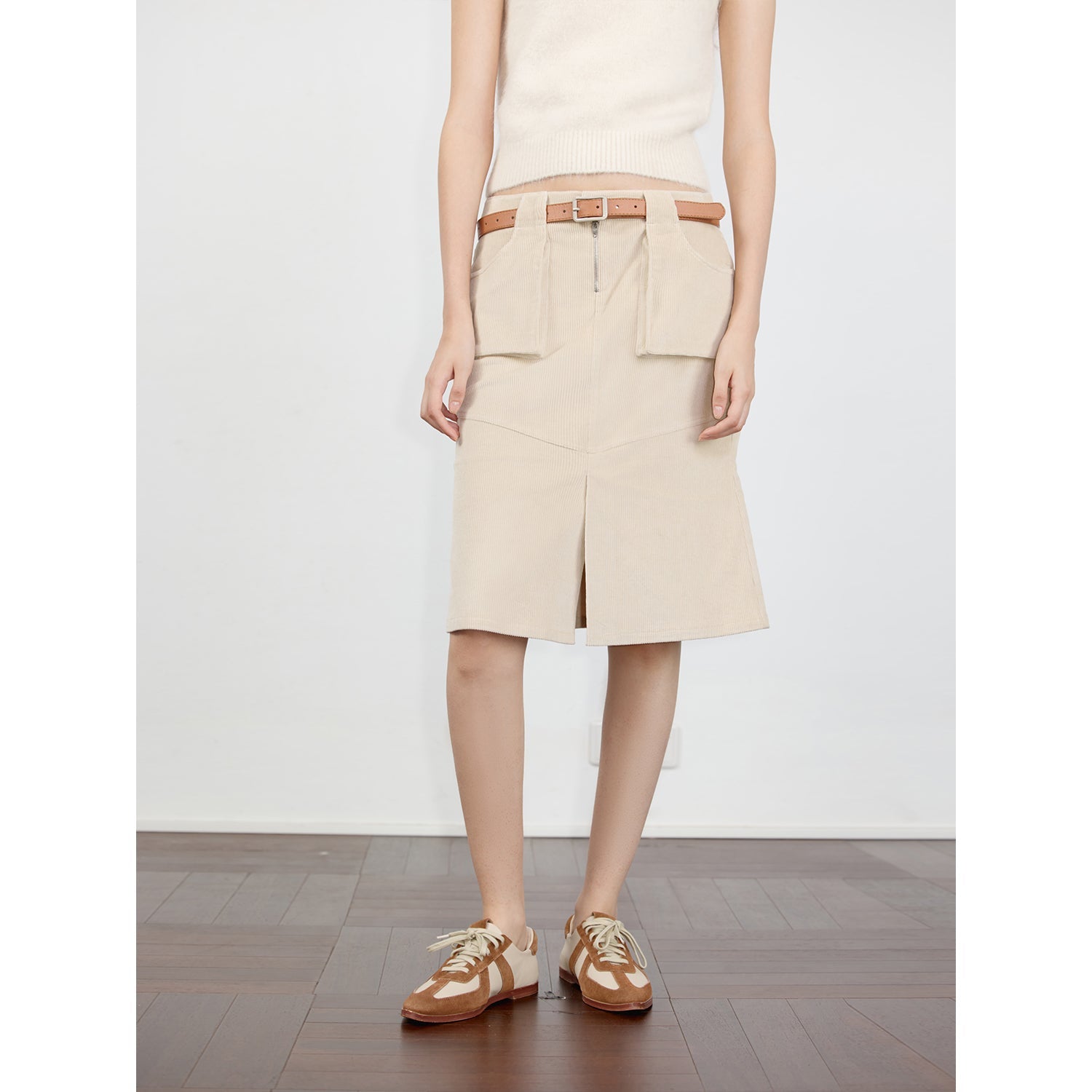 Postcard Memory Retro corduroy design front slit workwear fishtail skirt