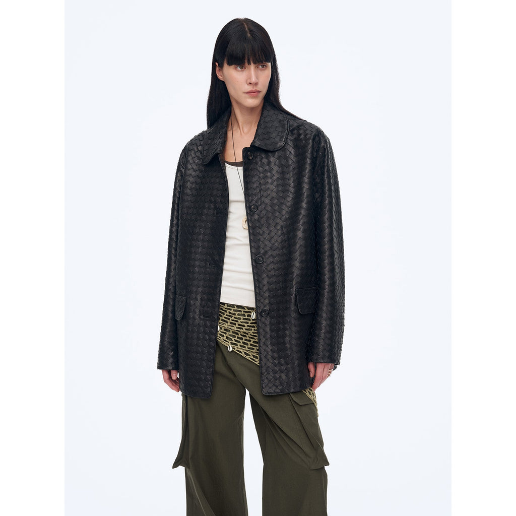 Rembrandt Night New Zealand imported lambskin perforated woven leather jacket spring