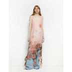 Rosy Ombre Acetate Mulberry Silk V-Neck Ruffled Draped Twist Strap Summer Dress